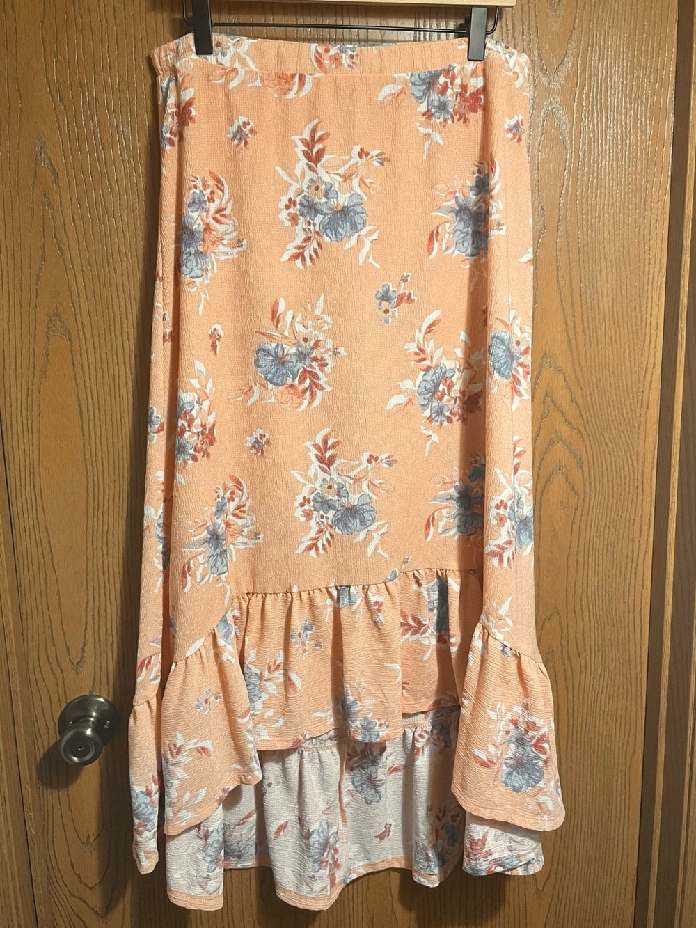 EUC Cato Maxi Skirt in Peach with a Floral Print and High-Low Ruffle Hem